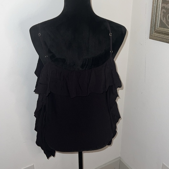 INC International Concepts black smocked cold shoulder ruffled top blouse Sz L - Picture 4 of 8